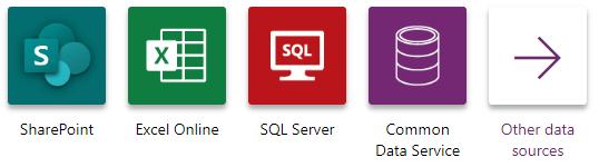 A list of data sources, including SharePoint, Excel Online, SQL Server, Common Data Service.
